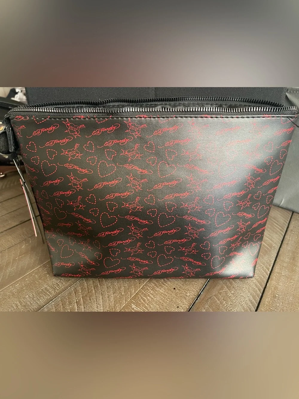 Ed Hardy Black Studded 'Eternal Love' Cosmetic Pouch with Yellow Rose